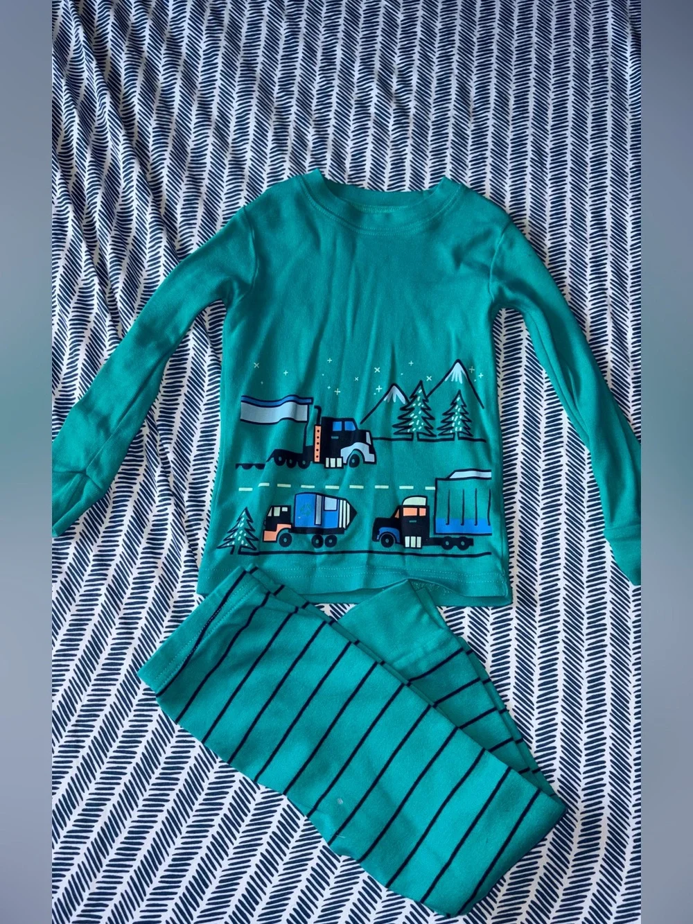 Kids Teal Truck Print Pajama Set - Long Sleeve Top & Striped Pants